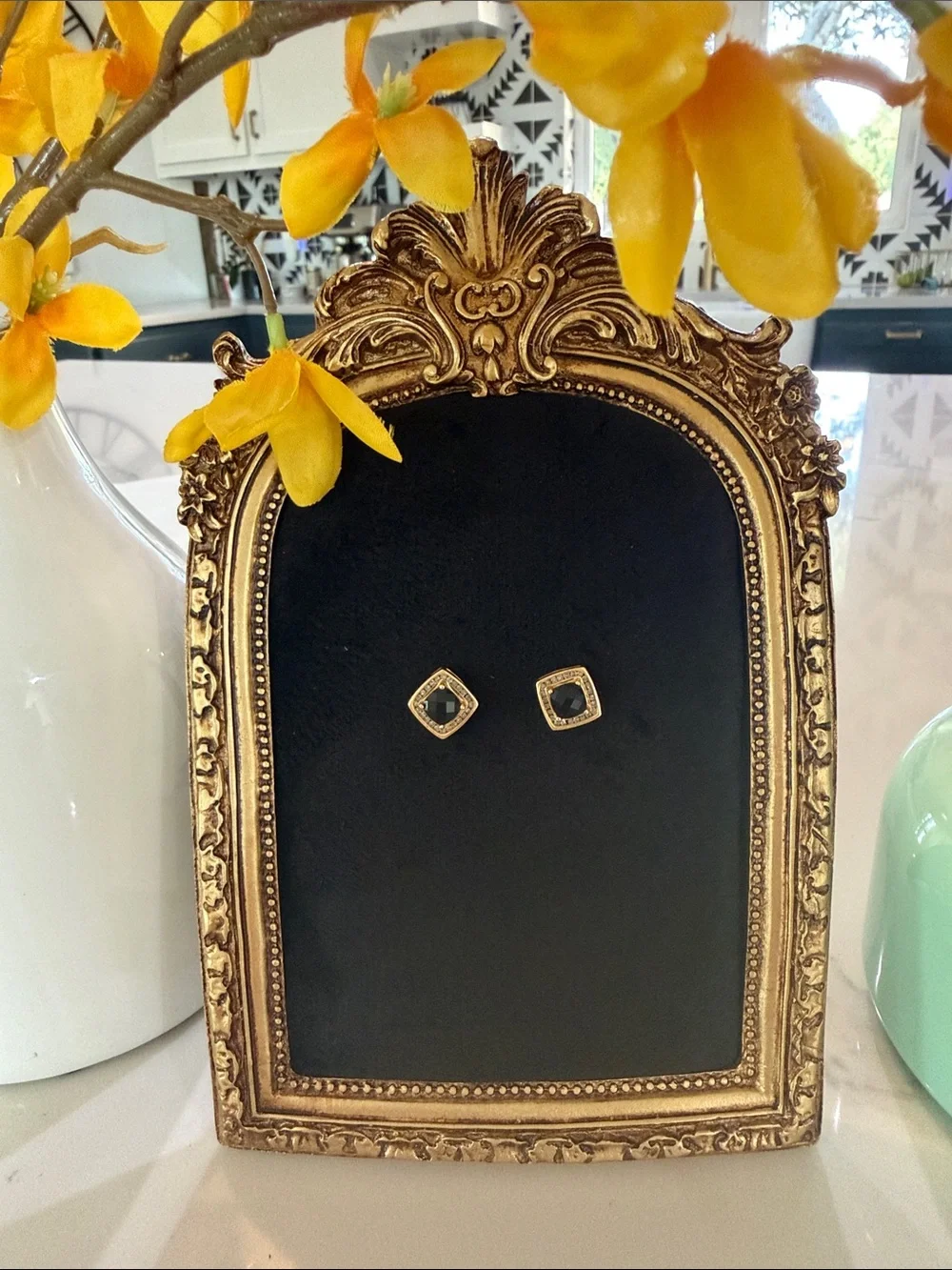 Gold Tone Black Onyx Faux Fashion Jewelry Studs